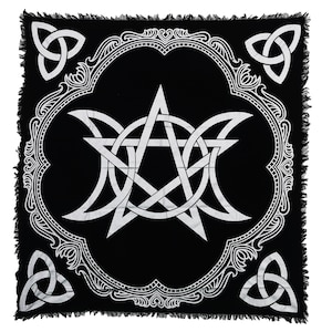Triple Moon Pentagram Altar Cloth: Gold & Silver Print, Fringed Cotton