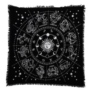 Handmade Zodiac Altar Cloth Astrology Tarot Spread Mat 100% Cotton Duck Cloth Metallic Gold Silver Print Fringe Corners By Indian Consigners