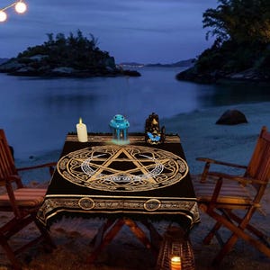 Handgemaakte Wicca altaarkleed: katoenen tafelkleed met pentagram en halve maan hekserij afbeelding 4
