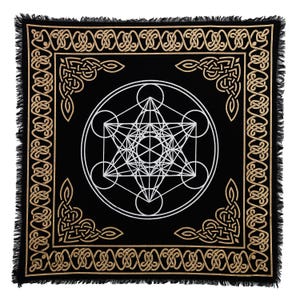 Handcrafted Metatron&#39;s Cube Altar Cloth – Sacred Geometry Tarot Spread Mat with Metallic Gold & Silver Prints