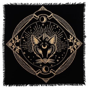 Handcrafted Wolf & Devil Tarot Altar Cloth 100% Cotton Duck Cloth Metallic Gold Silver Print Fringed Spiritual Tapestry By Indian Consigners