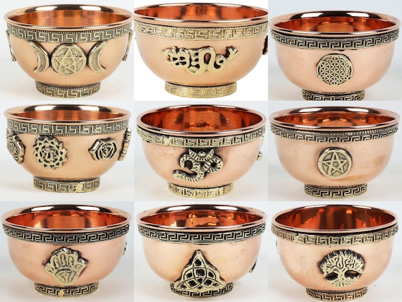 Copper Altar Bowl: Witchcraft Smudging Offering Bowl with Brass Symbols