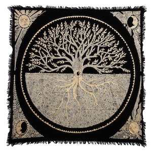 Tree of Life Altar Cloth: Gold & Silver Metallic Print, Fringed Cotton Tapestry
