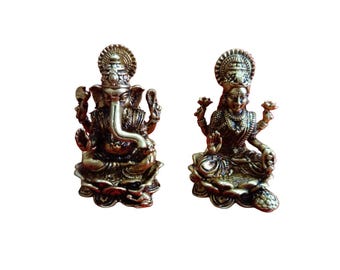 Brass Lakshmi Ganesha Set: Diwali Puja Decor, Hindu God Murti