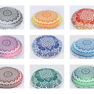 Handmade 22&quot; Mandala Floor Cushion Cover Bohemian Round Pouf for Meditation Yoga and Home Decor Pouffe Cotton By Indian Consigners