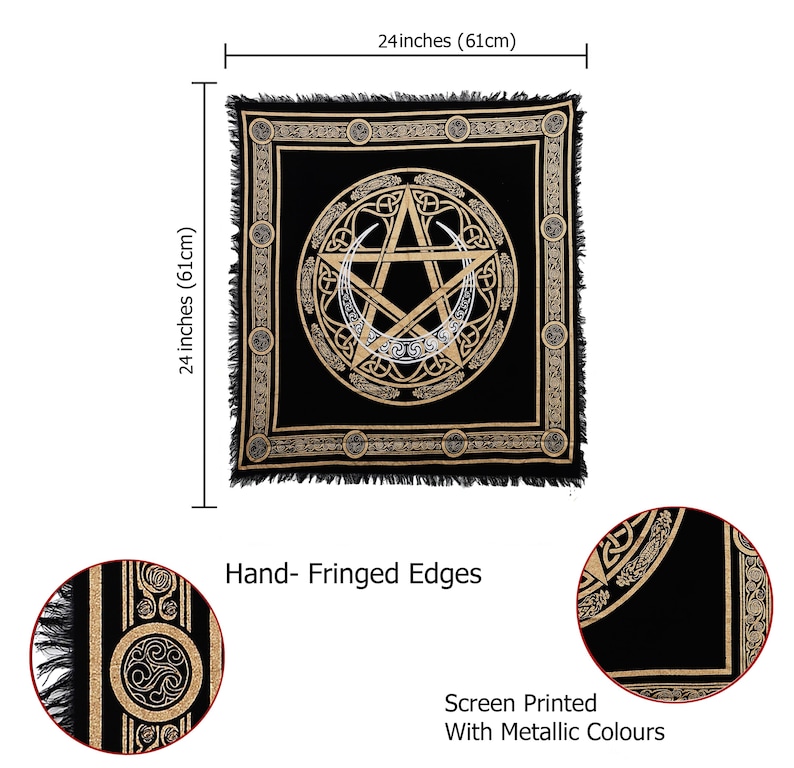 Handgemaakte Wicca altaarkleed: katoenen tafelkleed met pentagram en halve maan hekserij afbeelding 6
