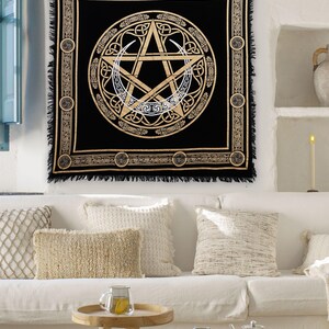 Handgemaakte Wicca altaarkleed: katoenen tafelkleed met pentagram en halve maan hekserij afbeelding 3