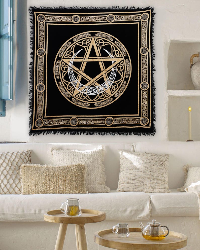 Handgemaakte Wicca altaarkleed: katoenen tafelkleed met pentagram en halve maan hekserij afbeelding 3