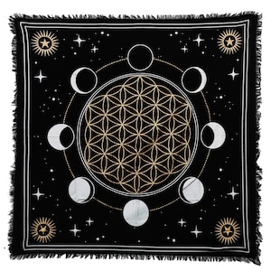 Handcrafted Moon Phases Altar Cloth – 100% Cotton Square Tapestry, Gold Silver Metallic Print, Boho Spiritual Decor for Tarot & Rituals