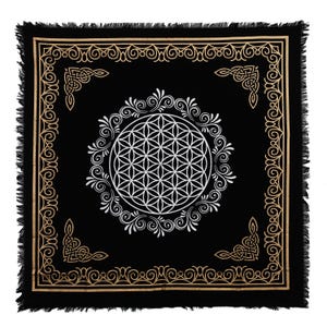 Flower of Life Altar Cloth: Metallic Gold & Silver Print, Fringed Cotton Tapestry