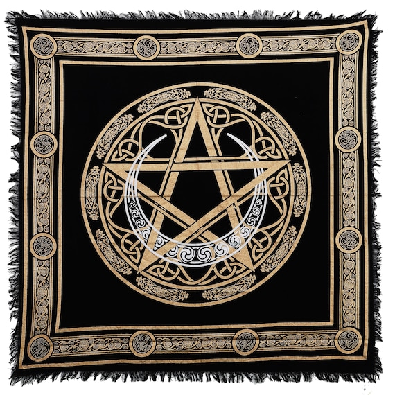 Handmade Wiccan Altar Cloth: Cotton Pentagram & Crescent Moon Witchcraft Table Cloth