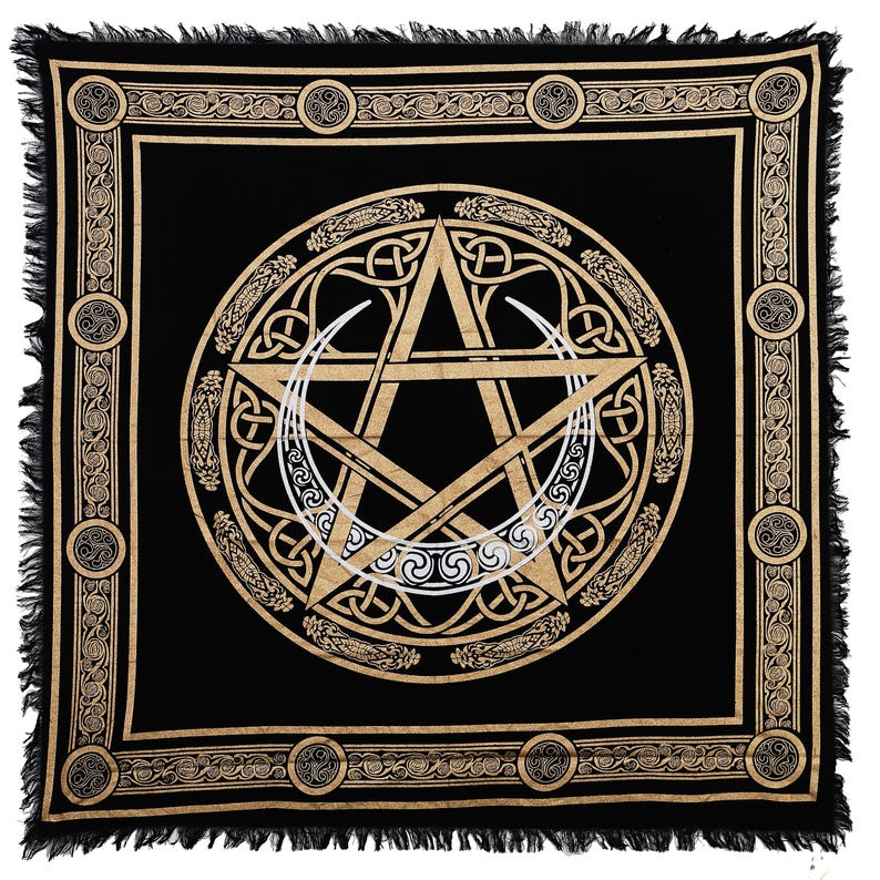 Handgemaakte Wicca altaarkleed: katoenen tafelkleed met pentagram en halve maan hekserij afbeelding 1