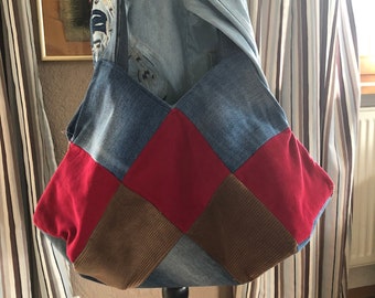 Schultertasche Patchwork Quadrat Jeans/Cord braun-rot