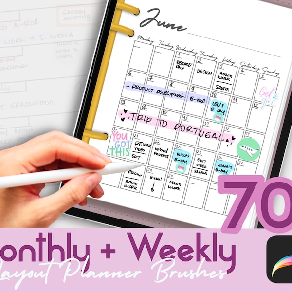 Monthly and Weekly Planner layouts Procreate Brushes | Planner spreads procreate stamps for bullet journaling and digital planning