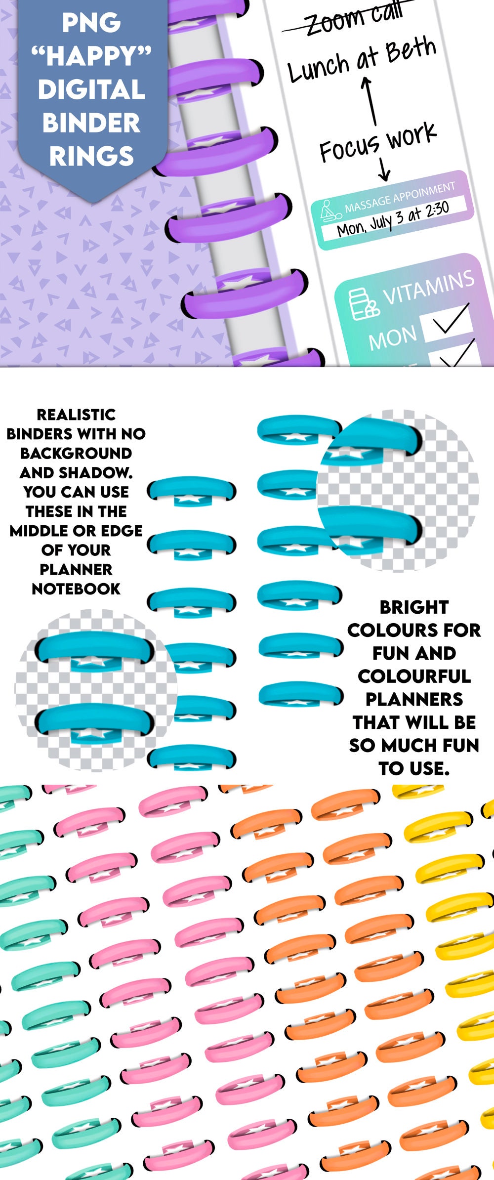 Colourful and Realistic happy Planner Binder Rings .PNG Files for Digital Planner DIY Pre