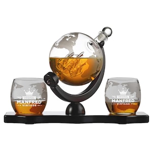 4-piece whisky set decanter and whisky glasses - with engraving - real wooden tray - world map - for connoisseurs - men&#39;s gift - crown motif