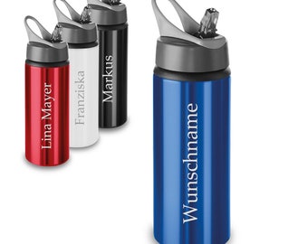 Sportflasche 600 ml mit personalisierter Gravur - aus Aluminium - für Sport, Fitness, Wandern - Outdoor, Indoor - Wasserflasche - Farbe Blau