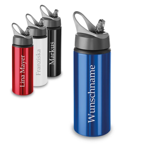 Sportflasche 600 ml mit personalisierter Gravur - aus Aluminium - für Sport, Fitness, Wandern - Outdoor, Indoor - Wasserflasche - Farbe Blau