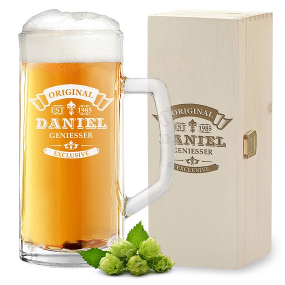 polar-effekt Set di 2 bicchieri da birra da 0,5 l e scatola di legno con incisione – regalo da uomo per compleanno e anniversario – Bicchiere da birra per amici – Boccale