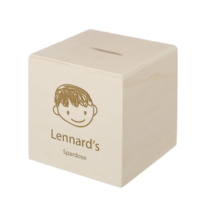 Wooden money box with personalized engraving 10 x 10 cm motif boy