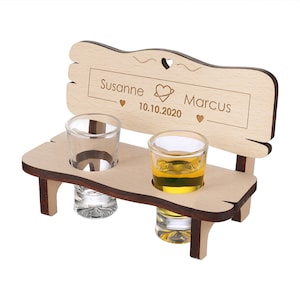 Shot bench with 2 shot glasses - personalized gift idea - wooden gift - with shot glasses - desired text - motif frame with heart