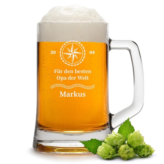 Boccale Da Birra Personalizzata Con Incisione Di Un Nome, Numero Di Anni E Data Di Nascita, Idea Regalo Per Compleanno, Motivo Corona Spighetta, 0,5 L - Foto 2