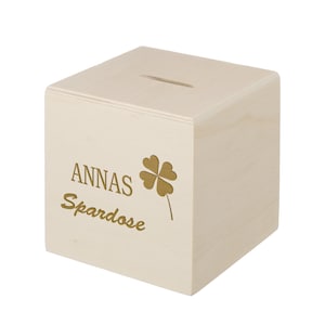 Wooden money box with personalized engraving 10 x 10 cm motif clover leaf