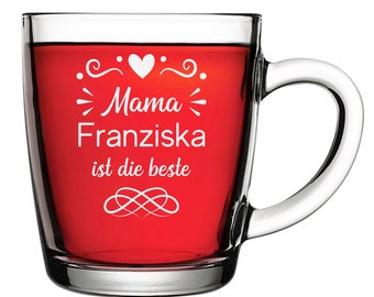 Teetasse aus Glas 340 ml mit Gravur für Mama - personalisiertes Teeglas - Trinkglas für warme und kalte Getränke - Geschenk zum Muttertag