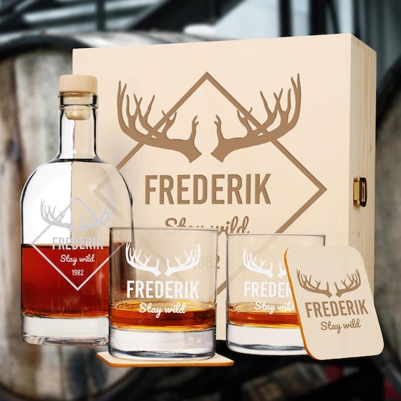 polar-effekt Set regalo da 2 pezzi con incisione – bottiglia da whisky e bicchiere da whisky – caraffa in vetro contenuto: 700 ml – idea regalo per uomini – Motivo a Gentleman