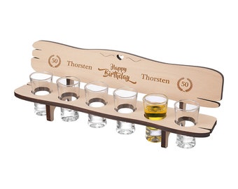 Banco de shot com 6 copos de shot - copos de shot - ideia de presente de madeira - gravado, personalizado - motivo desejado: Feliz Aniversário