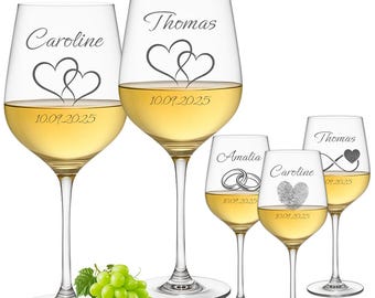 2 verres à vin personnalisés avec gravure | Verres à vin blanc avec noms et date | Cadeau de mariage | Coffret de verres à vin 440 ml