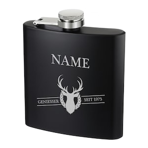 Hip flask black coated with custom engraving connoisseur