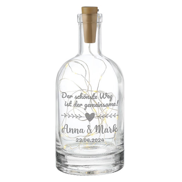 LED Lichtflasche aus Glas mit Gravur - personalisierte Leuchtflasche mit Namen - ideal als Hochzeitsgeschenk - für Paare