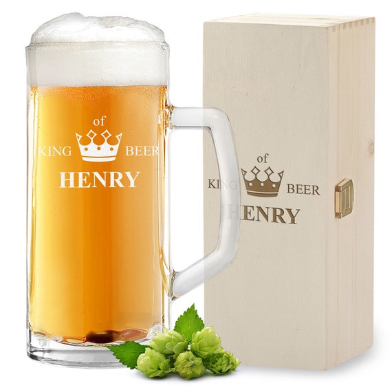 Set da 2 pezzi, 1 boccale da birra da 0,5 l in vetro e 1 scatola di legno con incisione – regalo per uomini – ideale per compleanno e anniversario – boccale