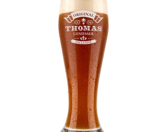 A personalized wheat beer glass including engraving...