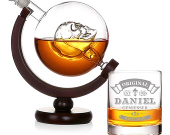 Decantador Globe Skull con vaso de whisky - Grabado personalizado - Decantador, Jarra - Regalo - Cumpleaños, Navidad