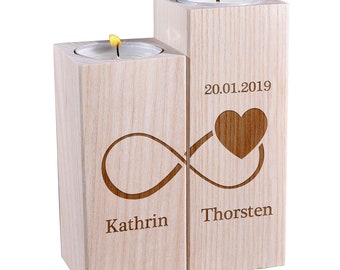 Kerzenhalter 2er-Set aus Holz mit Wunschgravur - personalisiert - Geschenkidee für Hochzeit, Jahrestag, Verlobung - Paar, Ehepaar