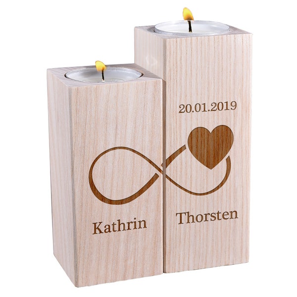 Kerzenhalter 2er-Set aus Holz mit Wunschgravur - personalisiert - Geschenkidee für Hochzeit, Jahrestag, Verlobung - Paar, Ehepaar
