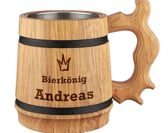 Eikenhouten bierpul met persoonlijke gravure - 500 ml inhoud - gegraveerd bier cadeau-idee - echtgenoot, vader - Kerstmis - bierkoningmotief
