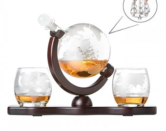 Whisky Set Weltkugel Globus mit Segelschiff und zwei Whiskygläser