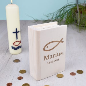 Money box with personalized engraving - name engraving - made of pine wood - sustainable - gift for children - baptism - fish motif