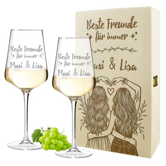 Weingläser 560 ml 2er-Set & Holzkiste mit personalisierter Gravur - Geschenk für Beste Freundin - Gläser für Rotwein und Weißwein geeignet