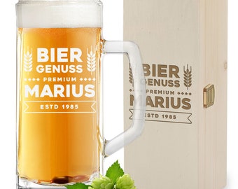 2-tlg Geschenk-Set Bierkrug 0,5 L und Holzkiste - Männergeschenk für Papa und Opa - zum Vatertag und Geburtstag - alle Biersorten