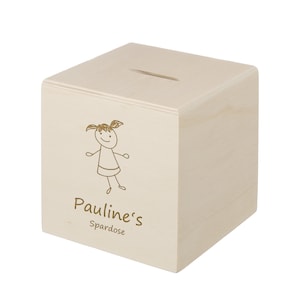 Wooden money box with personalized engraving 10 x 10 cm motif girl