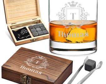 5-TLG Whisky Eiswürfel Set mit personalisierter Holzkiste und Whiskyglas - wiederverwendbare Steine - Longdrinks - Geschenk - Motiv Ornament