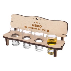Banco de shot com 4 copos de shot - ideia de presente de madeira - com gravura personalizada - aniversário, aniversário - motivo de estrela