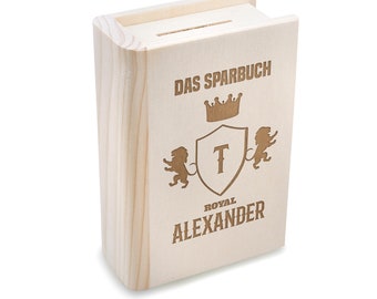 Sparbuch aus Holz mit personalisierter Wunschgravur - nachhaltig - Geldgeschenk - Geburtstag, Weihnachten, Jubiläum - Motiv Wappen