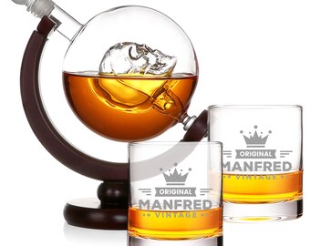 Globe Skull Decanter con 2 vasos de whisky - grabado personalizado - vaso, decantador, jarra - regalo - cumpleaños, Navidad