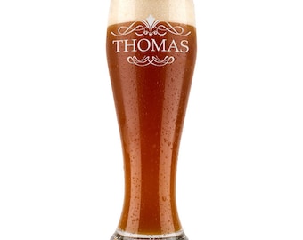 A personalized wheat beer glass including gravure...