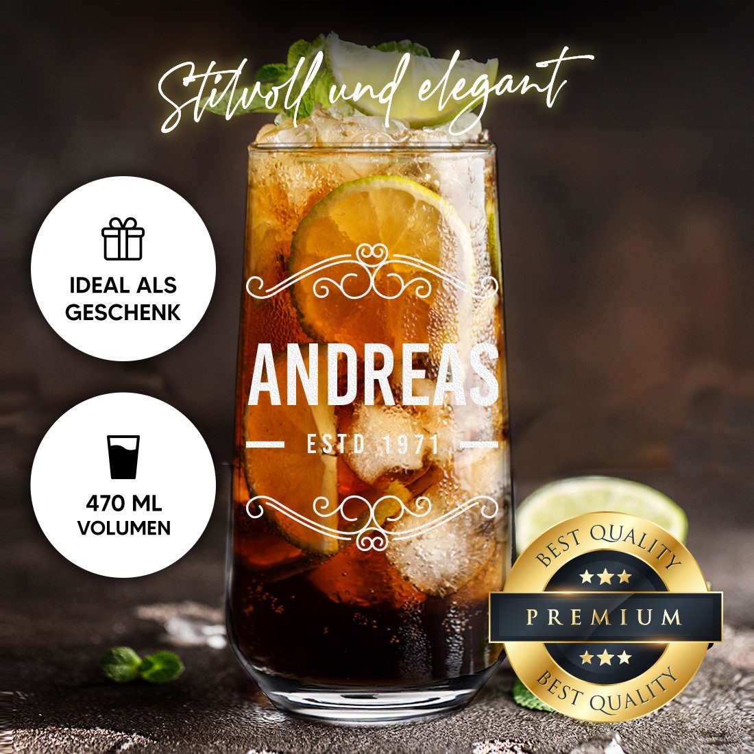 Bicchiere Long Drink 470 Ml Con Incisione Personalizzata - Highball In Vetro Per Cocktail, Acqua E Succhi - 2